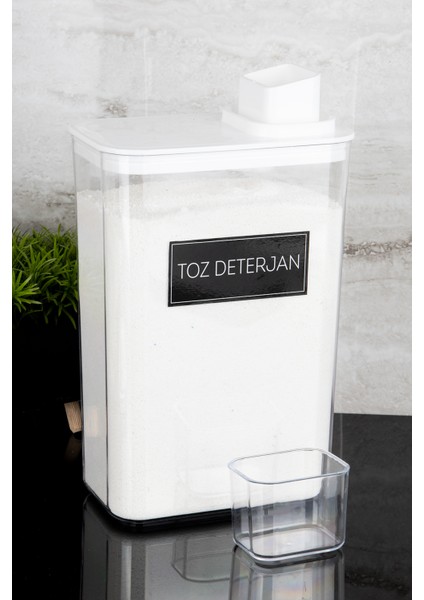 Toz Deterjan Etiketli Kendinden Ölçekli Kapaklı Deterjan Kutusu Saklama Kabı 3000ML Mika