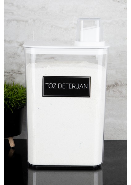 Toz Deterjan Etiketli Kendinden Ölçekli Kapaklı Deterjan Kutusu Saklama Kabı 3000ML Mika