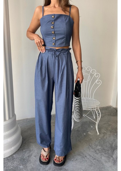 Tencel Crop Askılı Bluz - Şalvar Pantolon Tk - Indigo