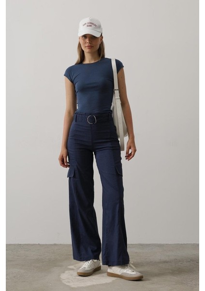 Kemerli Cargo Pantolon - Indigo