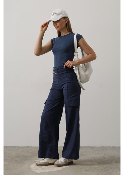 Kemerli Cargo Pantolon - Indigo