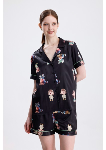 Kadın Kısa Kollu Şortlu Pijama Takımı Kız Bebek Desenli Yazlık Rahat Takım