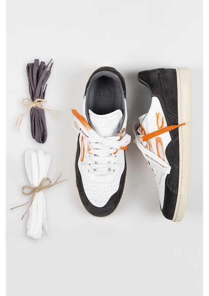 Artemis Erkek Hakiki Deri Eskitme El Boyamalı Bağcık ve Iki Yedek Bağcıklı Beyaz-Gri Sneakers