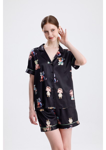 Kadın Kısa Kollu Şortlu Pijama Takımı Kız Bebek Desenli Yazlık Rahat Takım