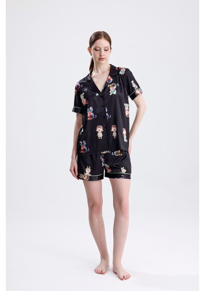 Kadın Kısa Kollu Şortlu Pijama Takımı Kız Bebek Desenli Yazlık Rahat Takım
