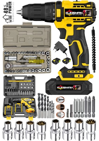 Alman EW-0908 Lion Çift Akülü 64 Parça Cır Cır Lokma Takımlı Turbo Şarjlı Matkap