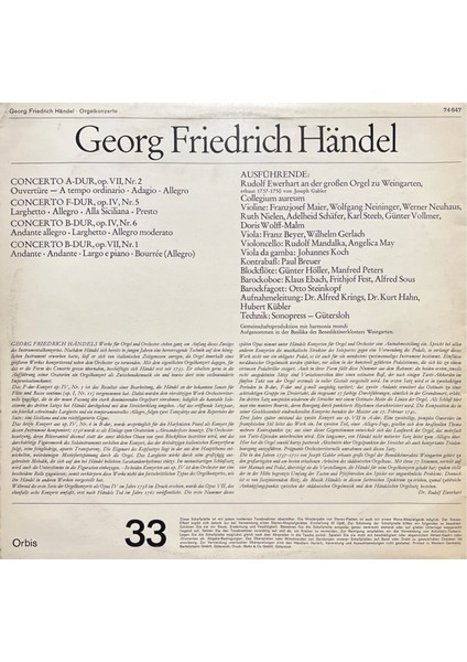 G. F. Handel Orgelkonzerte Lp Plak