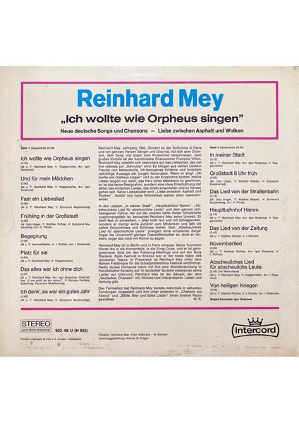 Reinhard Mey Ich Wollte Ure Orpheus Singen Lp Plak