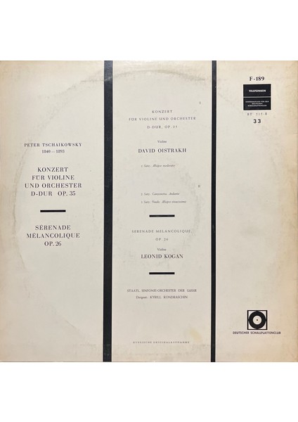 Peter Tschaikovwsky David Oistrakh Lp Plak