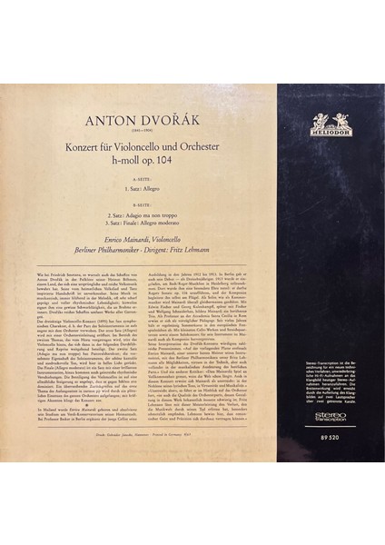 Anton Dvorak Konzert Für Violencello Lp Plak