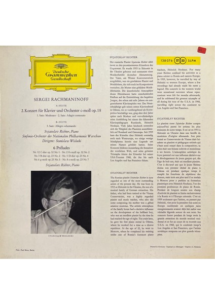 Svjatoslav Richter: Rachmaninoff Lp Plak