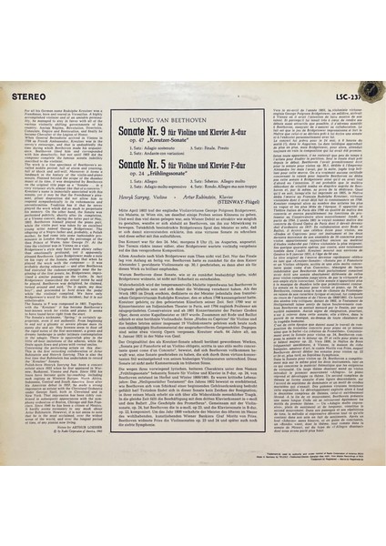 Beethoven Rubinstein / Szeryng Lp Plak
