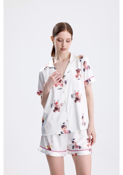 Kadın Kısa Kol Şortlu Pijama Takımı Kız Bebek Desenli Yazlık Rahat Ev Giyim fırsatları