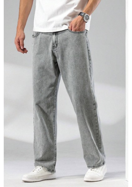 Erkek Gri Rahat Kesim Baggy Pantolon