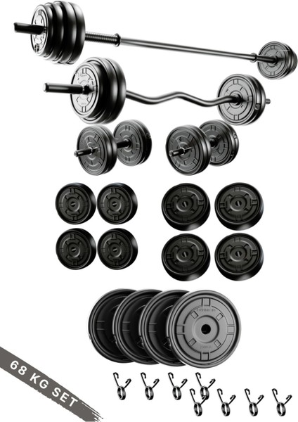 68 kg 150 cm Uzun Bar+ 120 cm Z-Barlı Megaset Halter Seti ve Dambıl Seti Ağırlık Fitness Seti