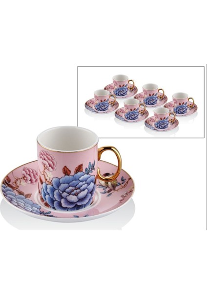 Floral Pink 2'li Coffee Cups Set Türk Kahve Fincan Expresso Çiçekli Pembe