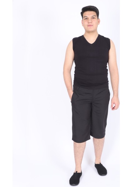 Erkek Havuz Deniz Diz Altı Uzun Kapri Şort Mayo-Siyah-S-6xl
