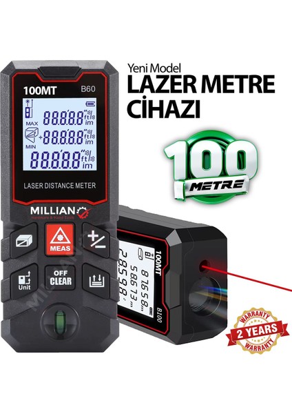 Yüksek Hassasiyet 100 Metre Lazer Metre Ölçer LCD Dijital Ekran Su Terazili Lazermetre Lazerli