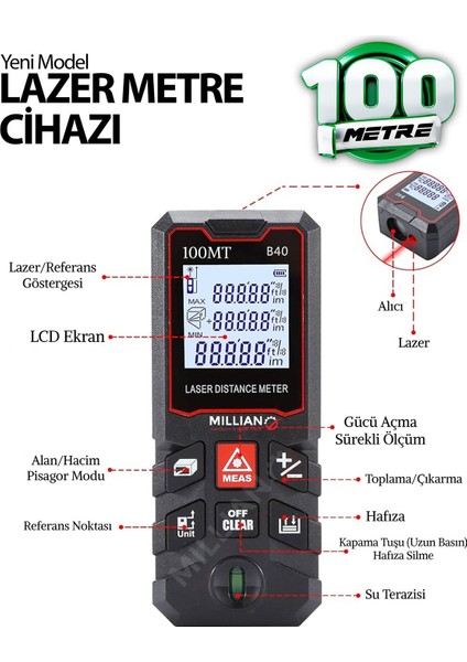 Yüksek Hassasiyet 100 Metre Lazer Metre Ölçer LCD Dijital Ekran Su Terazili Lazermetre Lazerli fiyatları