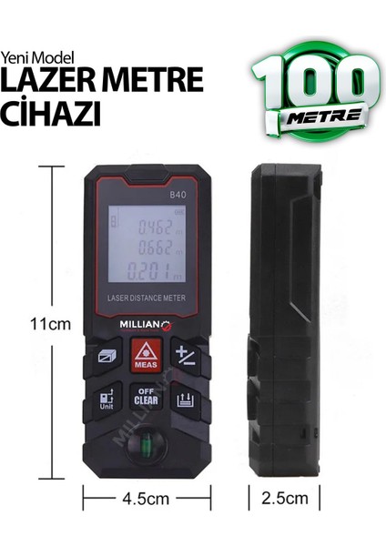 Yüksek Hassasiyet 100 Metre Lazer Metre Ölçer LCD Dijital Ekran Su Terazili Lazermetre Lazerli modelleri