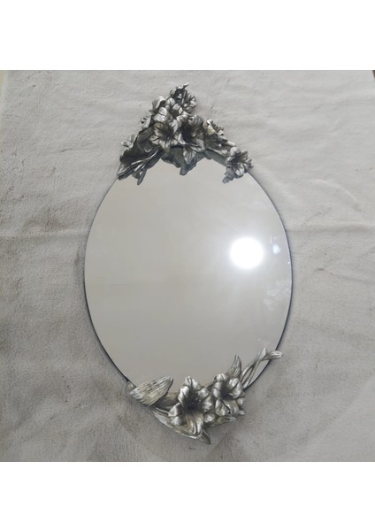 46X85CM Oval Ayna Çiçek Motifli Gümüş Renk Mobilya Dekorasyon 1 Adet