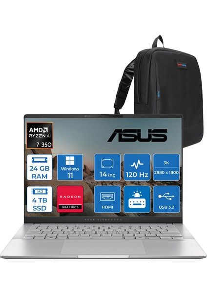 Vivobook S14 Amd Ryzen Aı 7 350 24 GB LPDDR5X 4tb 14" 3k OLED 120Hz 600NIT Amd Radeon Graphics Windows 11 Pro Taşınabilir Bilgisayar M5406KAP04 + Zettaçanta