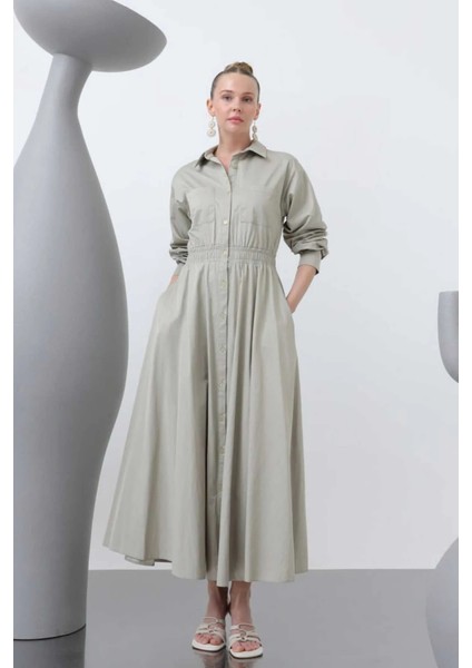 Loreen Fashion Kadın Önü Boydan Düğmeli Beli Lastikli Badem Yeşil Elbise 20643