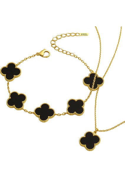 4 Yapraklı Yonca Kolye ve Bileklik Seti – Kadın Takı Seti, Altın Kaplama, Beyaz, Siyah ve Gold Renk Seçenekli, Şık ve Zarif Takım