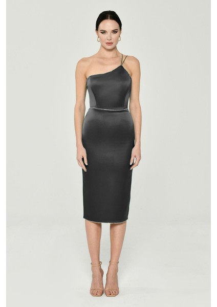 Alfa Beta Tek Omuz Taş Detaylı Saten Kumaş Kadın Abiye Elbise 2215999