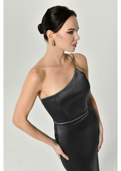 Alfa Beta Tek Omuz Taş Detaylı Saten Kumaş Kadın Abiye Elbise 2215999 fiyatları