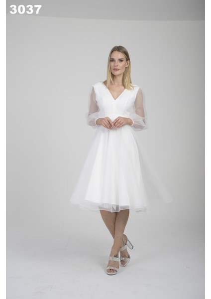 Dori V Yaka Uzun Kollu Drapeli Organze Midi Boy Kadın Abiye 2224BB3037