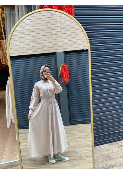 Loreen Fashion Kadın Önü Boydan Düğmeli Beli Lastikli Krem Elbise 20643