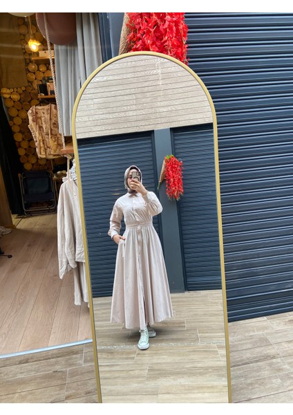 Loreen Fashion Kadın Önü Boydan Düğmeli Beli Lastikli Krem Elbise 20643