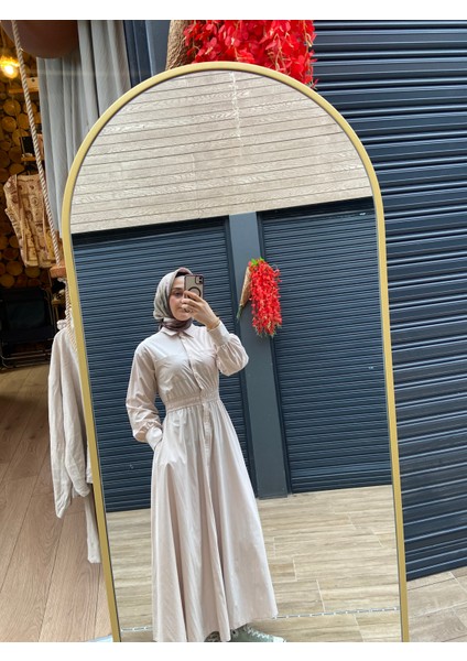 Loreen Fashion Kadın Önü Boydan Düğmeli Beli Lastikli Krem Elbise 20643