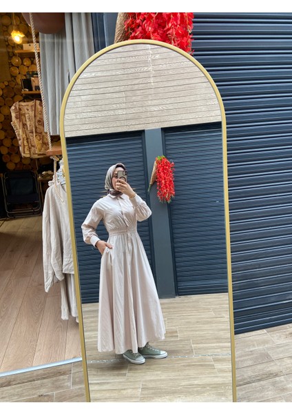 Loreen Fashion Kadın Önü Boydan Düğmeli Beli Lastikli Krem Elbise 20643