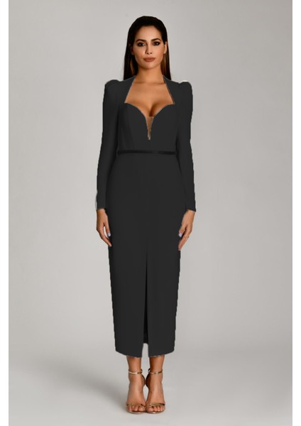 Alfa Beta Uzun Kol Vatkalı Derin Kalp Göğüs Kemerli Midi Abiye Elbise