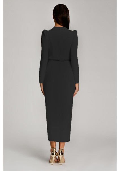 Alfa Beta Uzun Kol Vatkalı Derin Kalp Göğüs Kemerli Midi Abiye Elbise fiyatları