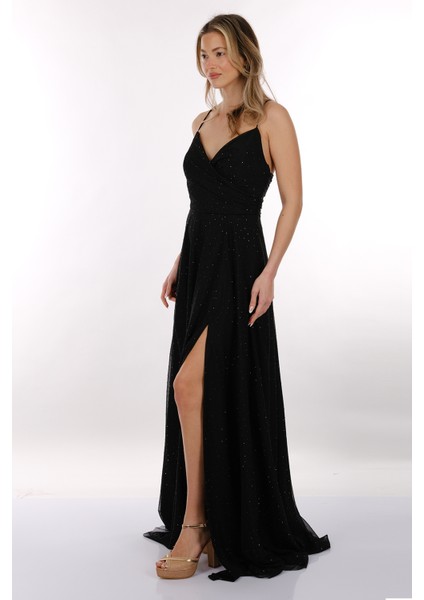Dori İp Askılı V Yaka Simli Tül Kumaş Yırtmaçlı Maxi Boy Kadın Abiye 2246085