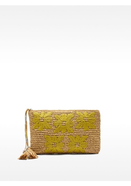 Hasır Görünümlü Çiçek Desenli Zarf Tarzı Çanta