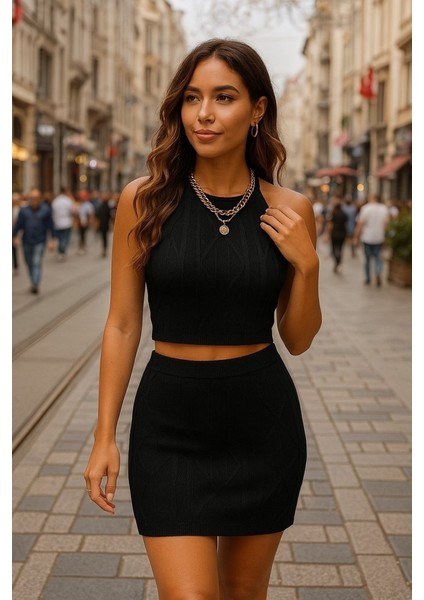 Kadın Sıfır Kol Crop Mini Etek Ikili Triko Takım