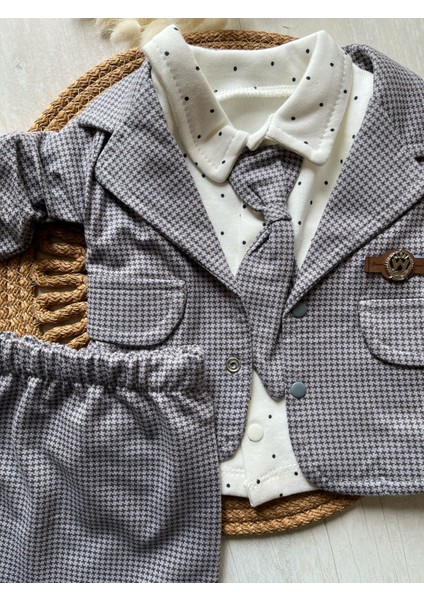 Fukukum Baby Ceketli Kravatlı Body 3lü Erkek Bebek Takım Füme