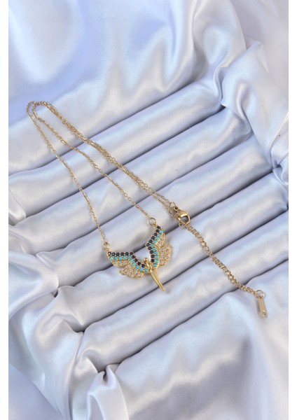 316L Çelik Zincir Altın Renk Mavi Zirkon Taşlı Mikail Meleği Kolye fiyatları