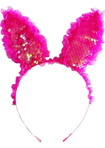 Kenarları Dantelli Fuşya Pullu Payetli LED Işıklı Tavşan Kulak Taç 23X19 cm modelleri