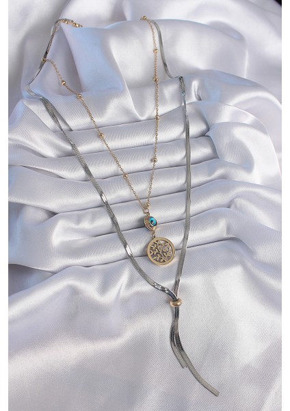 316L Çelik Mix Renk Filiz Figür Nazar Boncuk Detay Uzun Kadın Kolye fiyatları