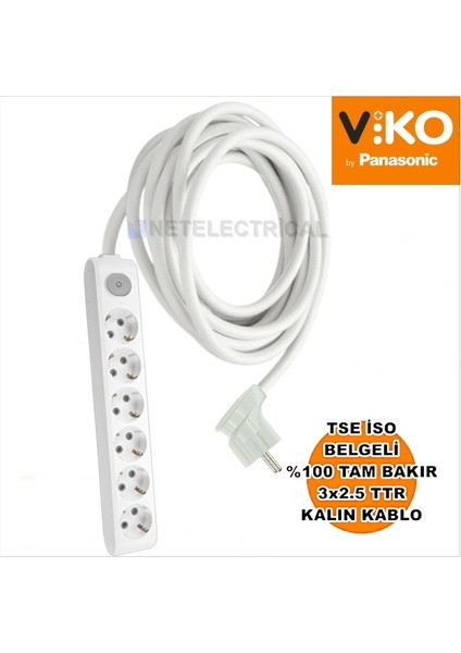 Multi-Let | Altılı 30 Metre Anahtarlı Topraklı Yan Fişli Çocuk Korumalı Grup Priz - 6'lı, 30 M, (3x2.5 Ttr Tam Bakır Kalın Kablolu)