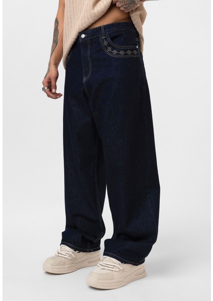 Desenli Basic Baggy Pantolon - Lacivert
