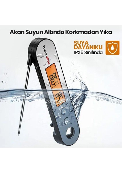 Thermopro TP610 Su Geçirmez, Dijital ve Işıklı Çift Problu Katlanabilir Profesyonel Gıda Termome