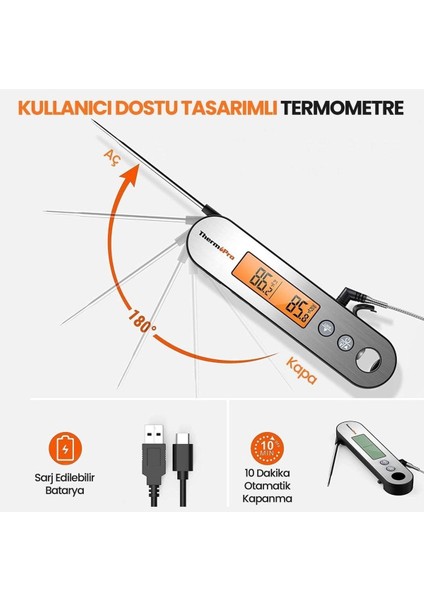 Thermopro TP610 Su Geçirmez, Dijital ve Işıklı Çift Problu Katlanabilir Profesyonel Gıda Termome