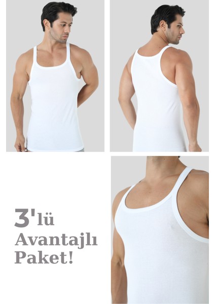 Erkek Beyaz İnce Askılı Atlet 3'lü Paket Pamuklu Ribana Esnek Kumaş