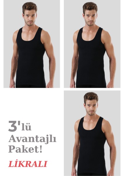 Siyah Pamuklu Likralı Erkek Atlet 3'lü Paket